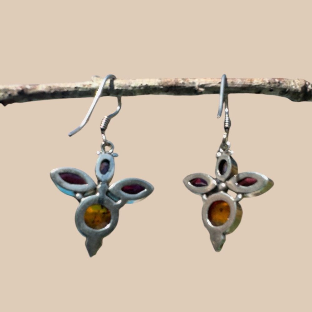 Vintage 925 Silver Earrings With Amber & Garnet Gemstones - Picture 3 of 5